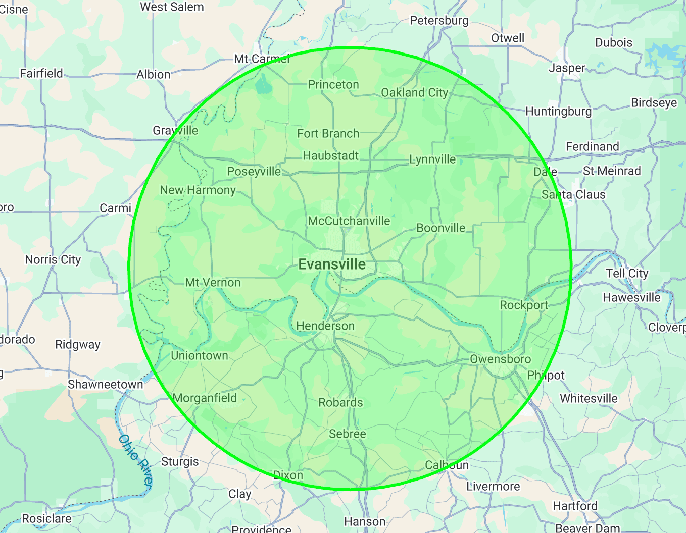 Map of Evansville and surrounding EVV Housing service areas